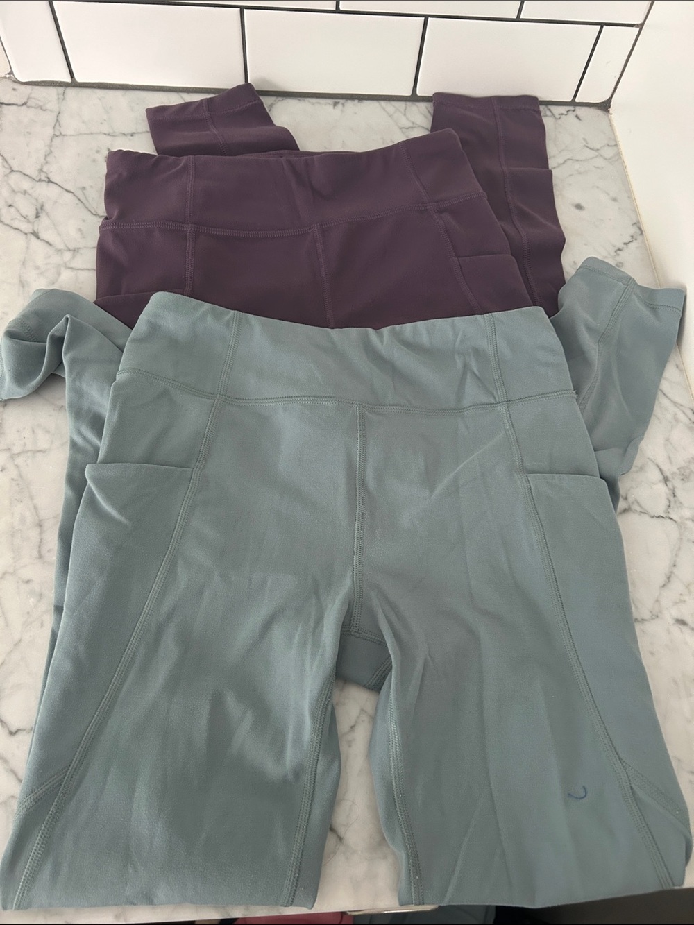 Athleta High-Waist Leggings in Sage Green and Plum